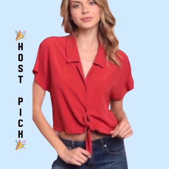 Tops - ❌DONATED❌Red Burgundy Knot Tie Button Down Collared V-neck Top